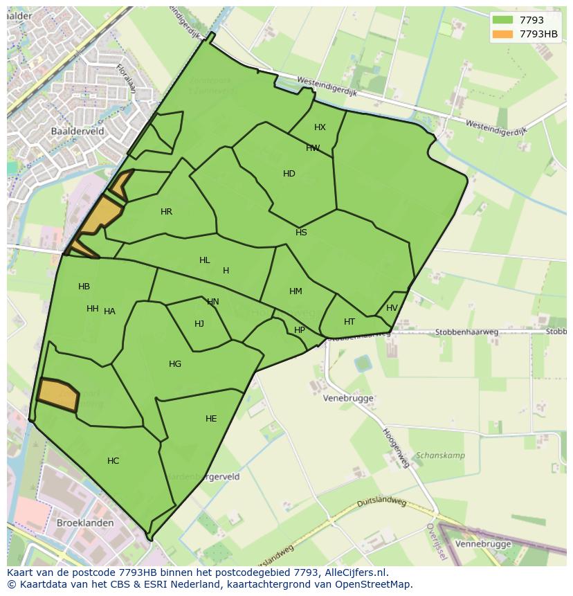 Afbeelding van het postcodegebied 7793 HB op de kaart.