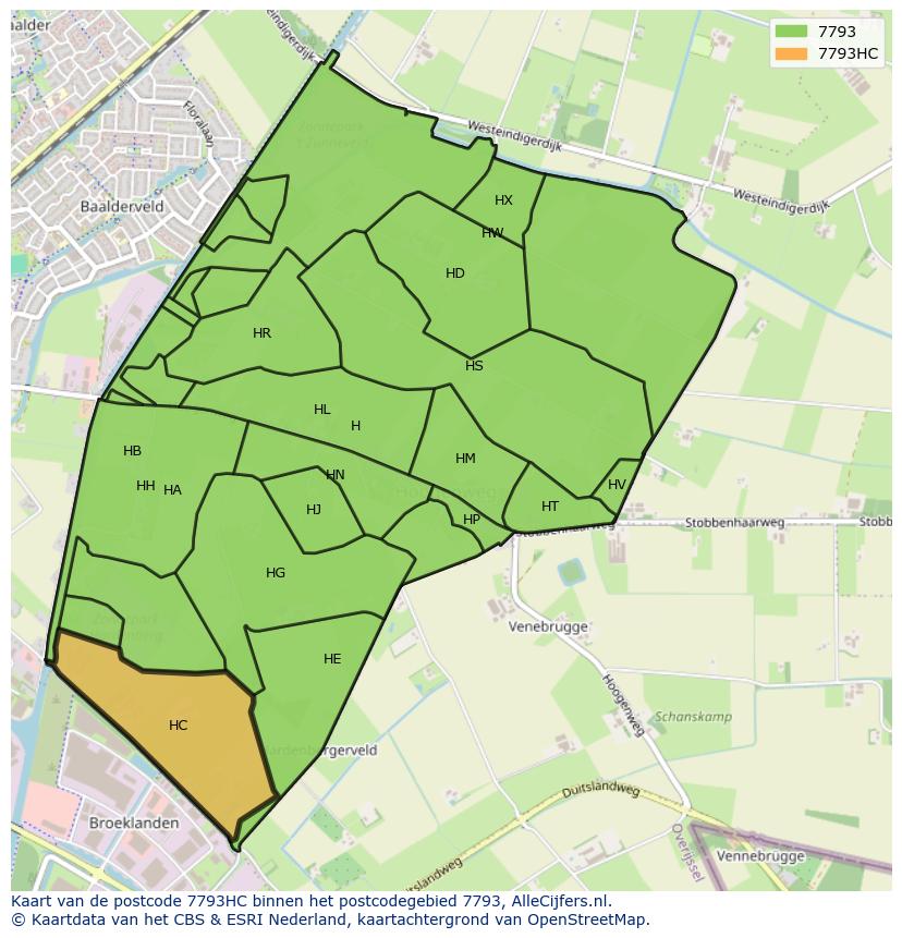 Afbeelding van het postcodegebied 7793 HC op de kaart.