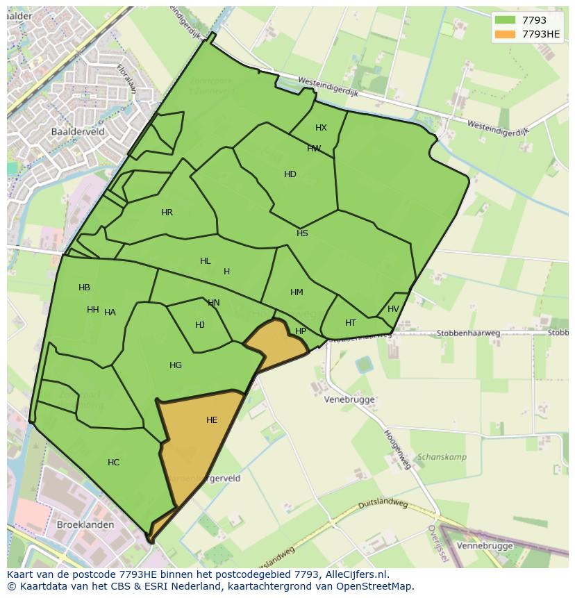 Afbeelding van het postcodegebied 7793 HE op de kaart.