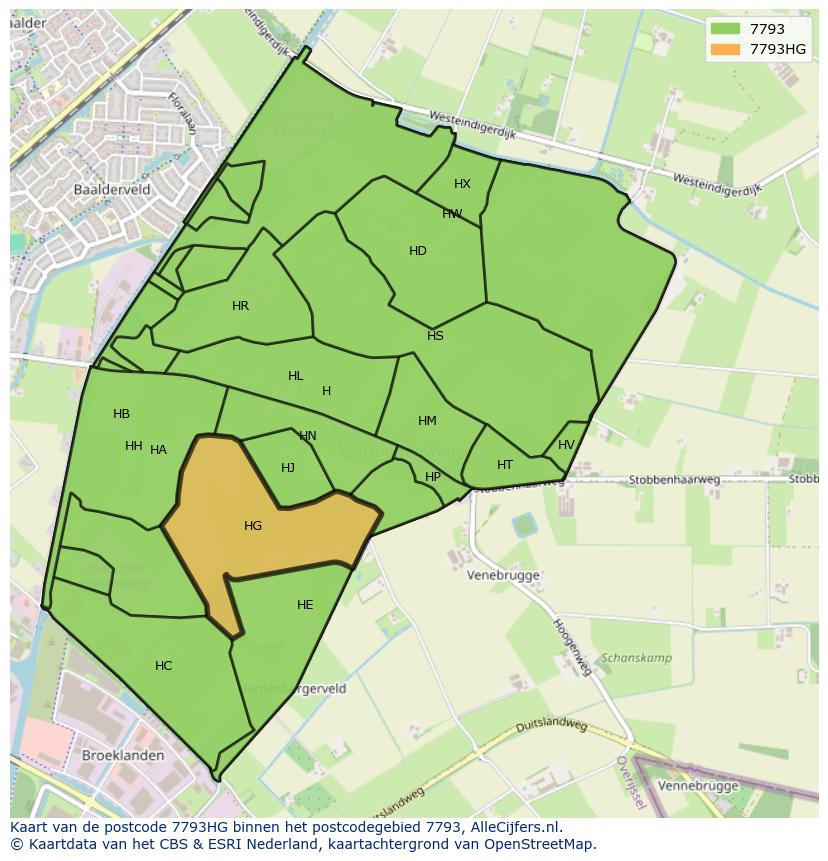 Afbeelding van het postcodegebied 7793 HG op de kaart.