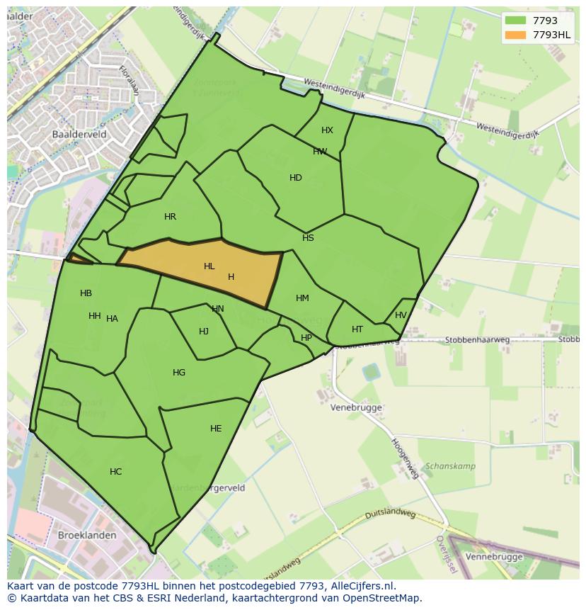 Afbeelding van het postcodegebied 7793 HL op de kaart.