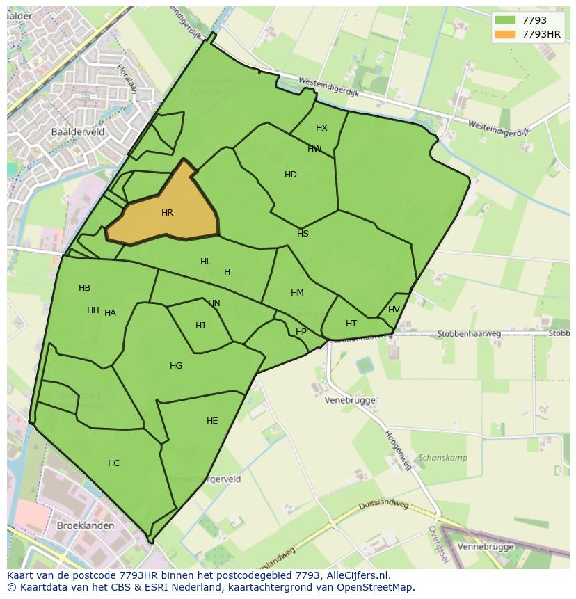 Afbeelding van het postcodegebied 7793 HR op de kaart.