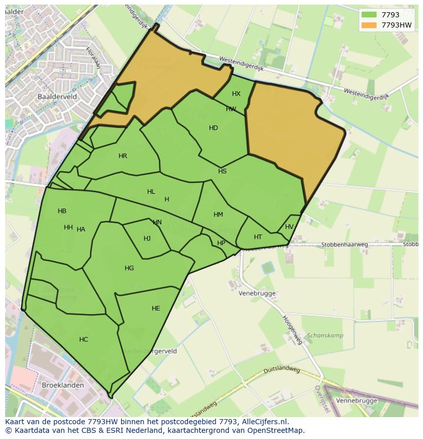 Afbeelding van het postcodegebied 7793 HW op de kaart.