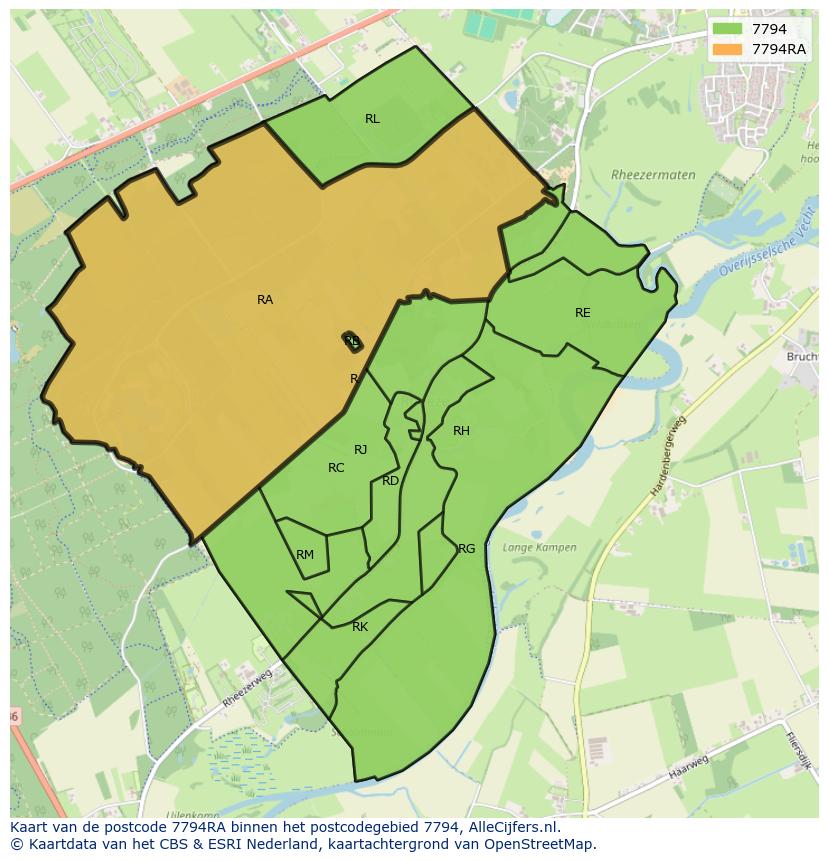 Afbeelding van het postcodegebied 7794 RA op de kaart.