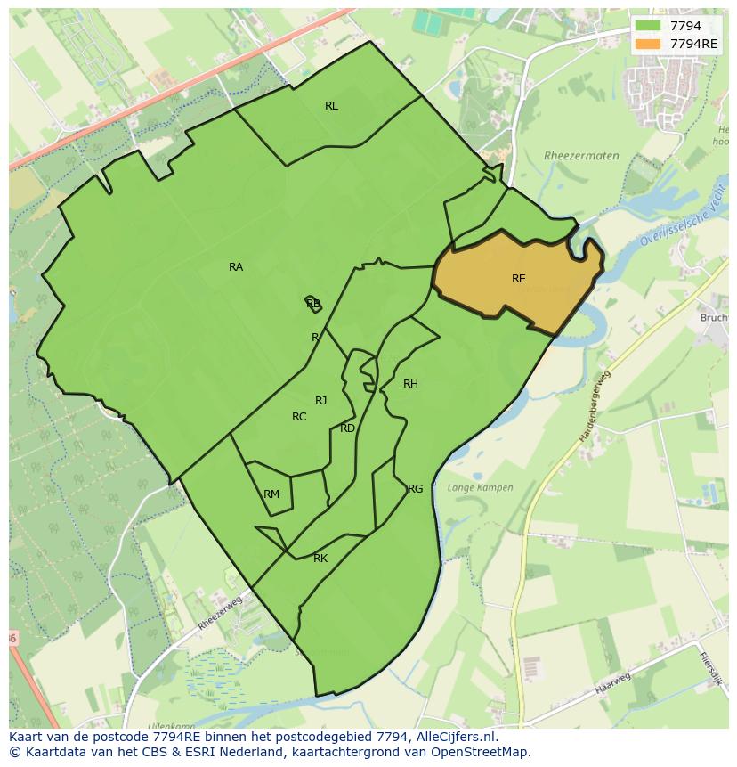 Afbeelding van het postcodegebied 7794 RE op de kaart.