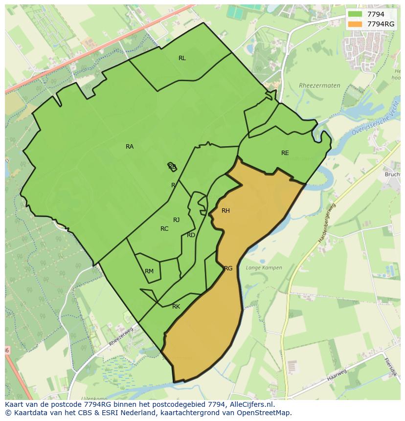Afbeelding van het postcodegebied 7794 RG op de kaart.