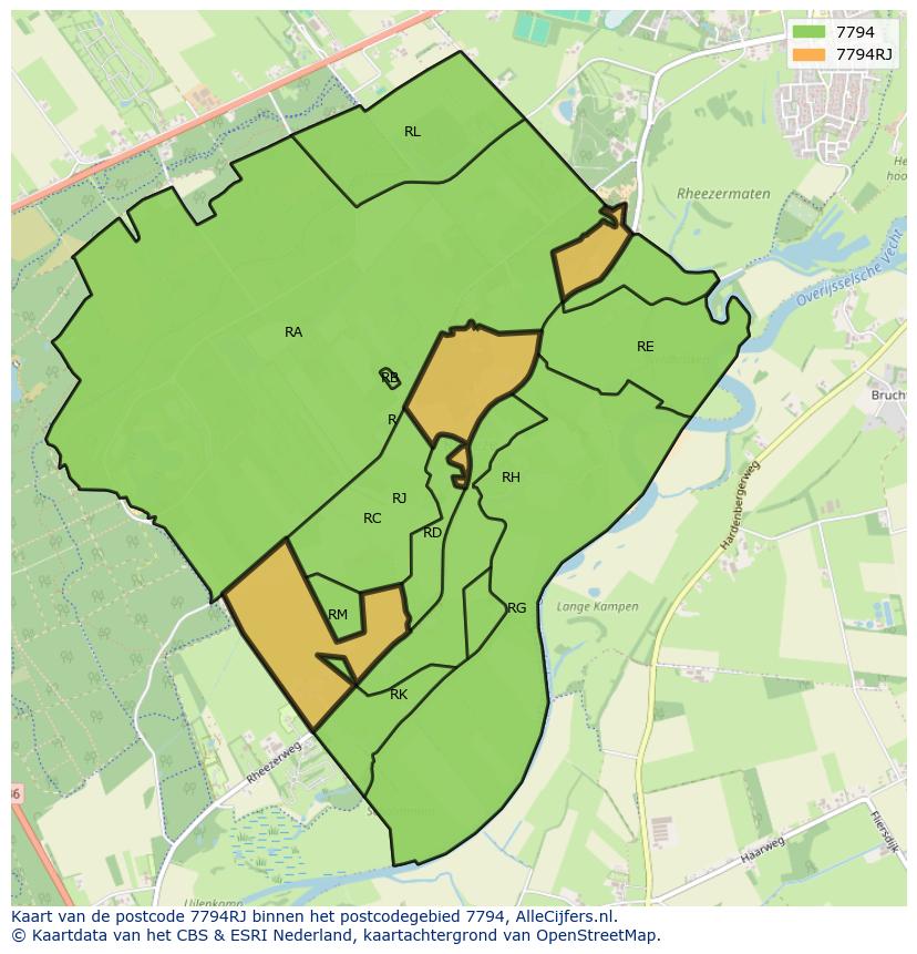 Afbeelding van het postcodegebied 7794 RJ op de kaart.
