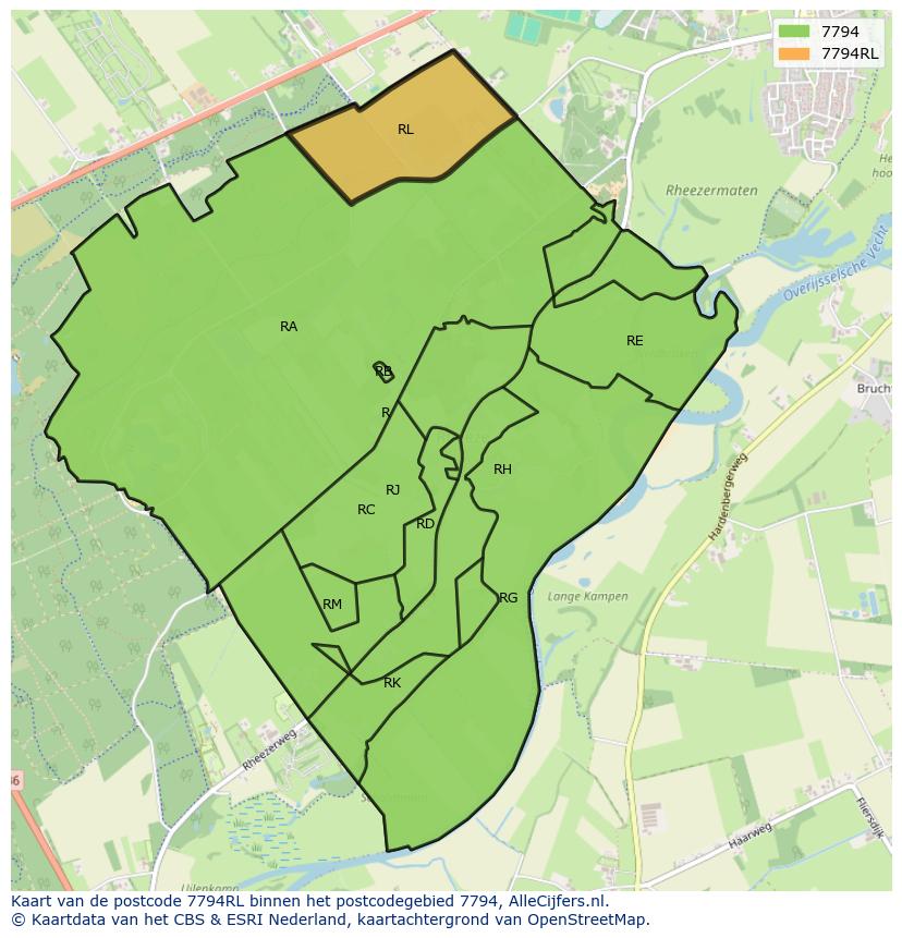 Afbeelding van het postcodegebied 7794 RL op de kaart.