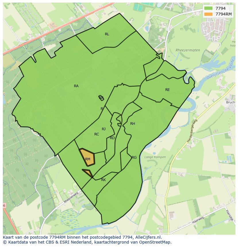 Afbeelding van het postcodegebied 7794 RM op de kaart.