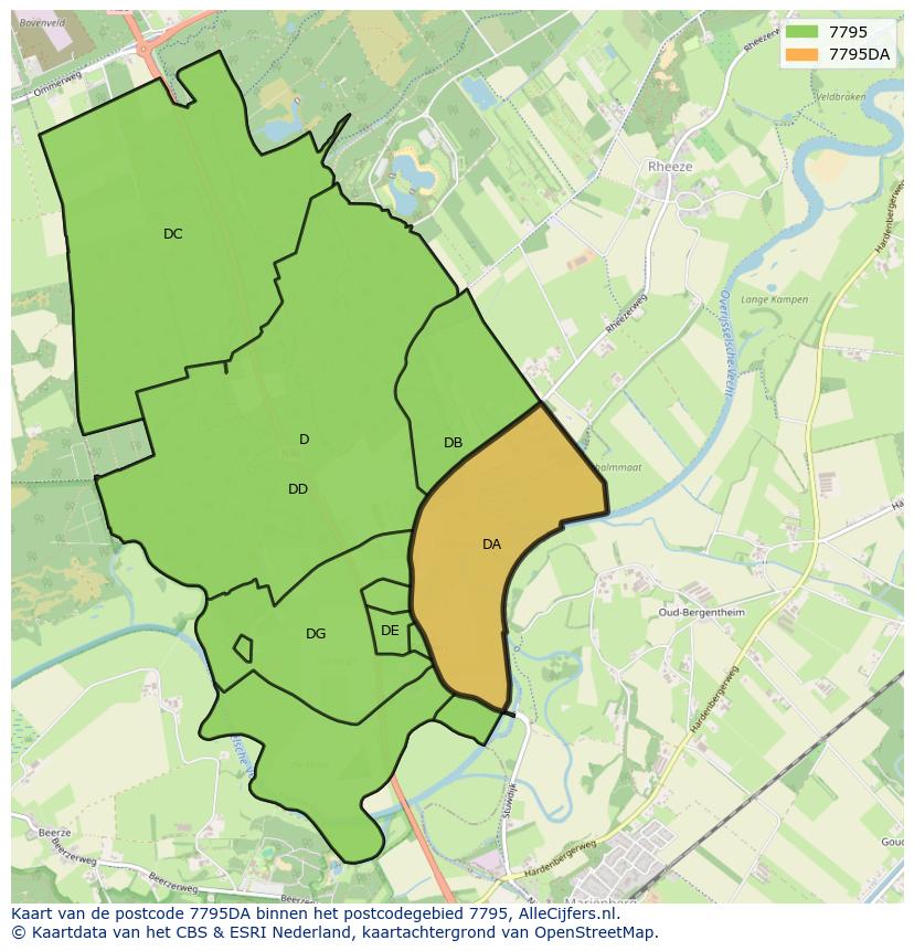 Afbeelding van het postcodegebied 7795 DA op de kaart.