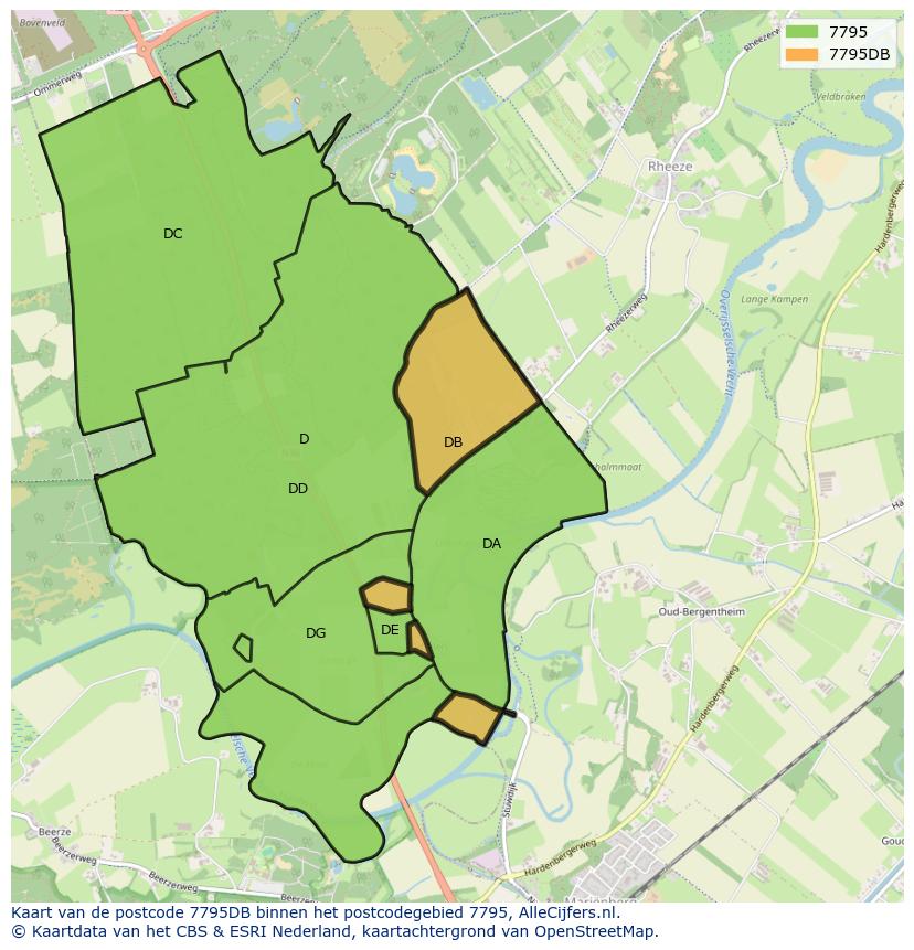 Afbeelding van het postcodegebied 7795 DB op de kaart.