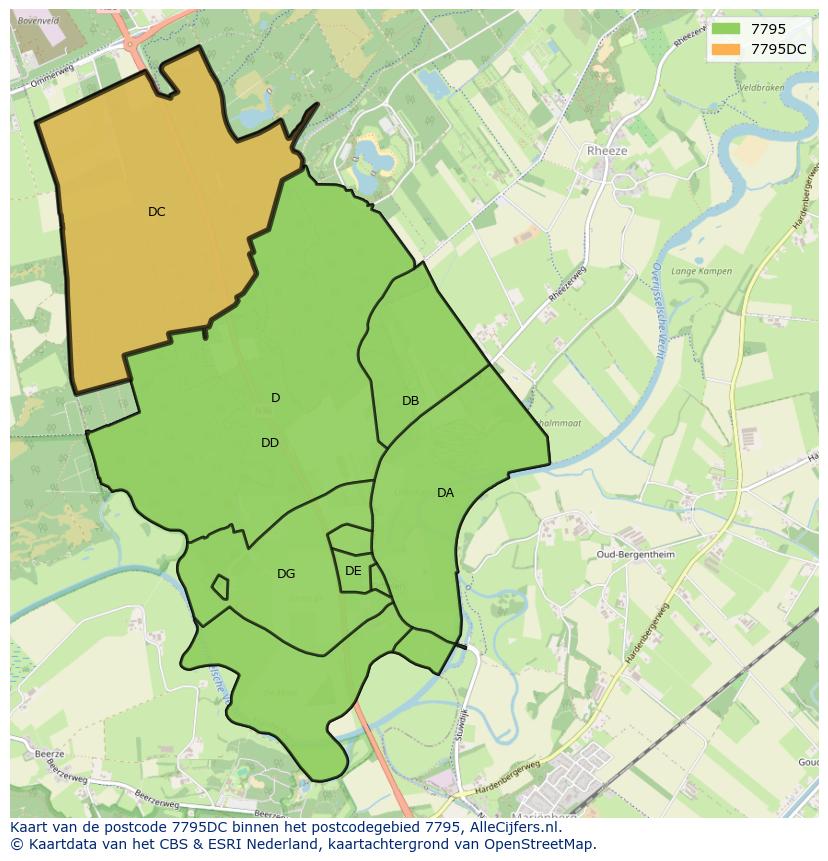 Afbeelding van het postcodegebied 7795 DC op de kaart.