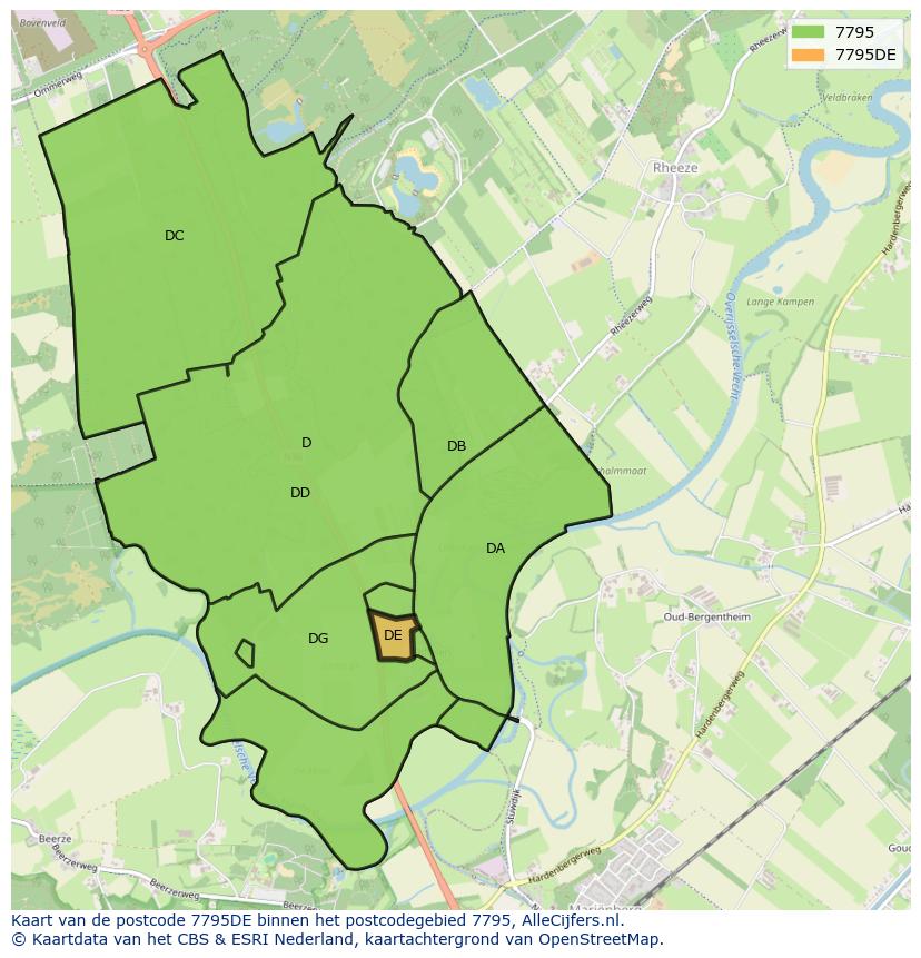 Afbeelding van het postcodegebied 7795 DE op de kaart.