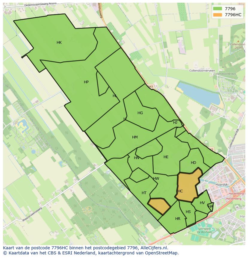 Afbeelding van het postcodegebied 7796 HC op de kaart.