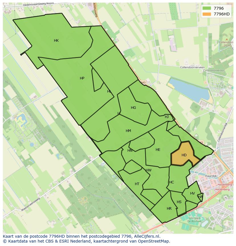 Afbeelding van het postcodegebied 7796 HD op de kaart.