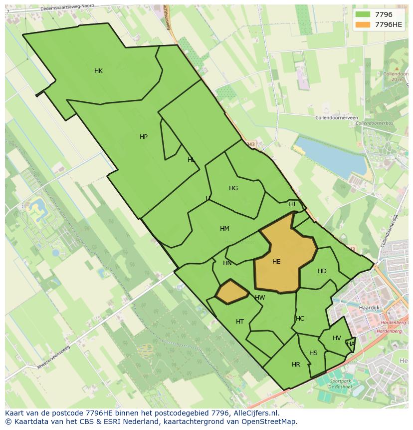 Afbeelding van het postcodegebied 7796 HE op de kaart.