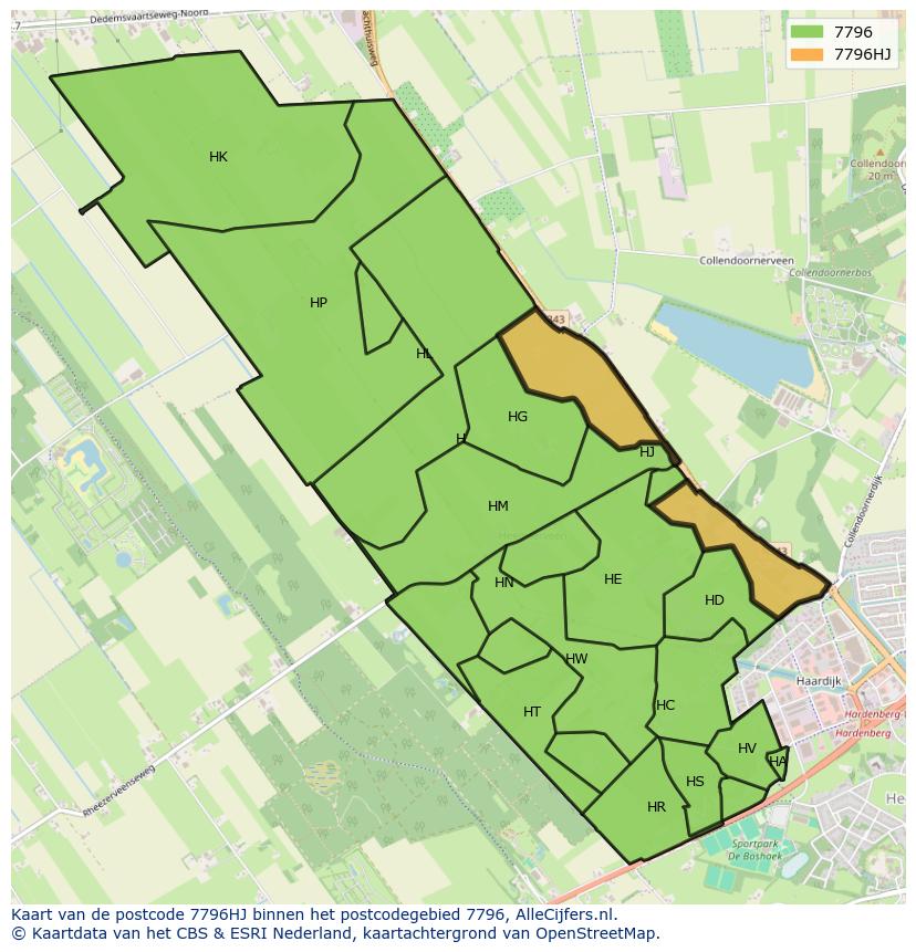 Afbeelding van het postcodegebied 7796 HJ op de kaart.