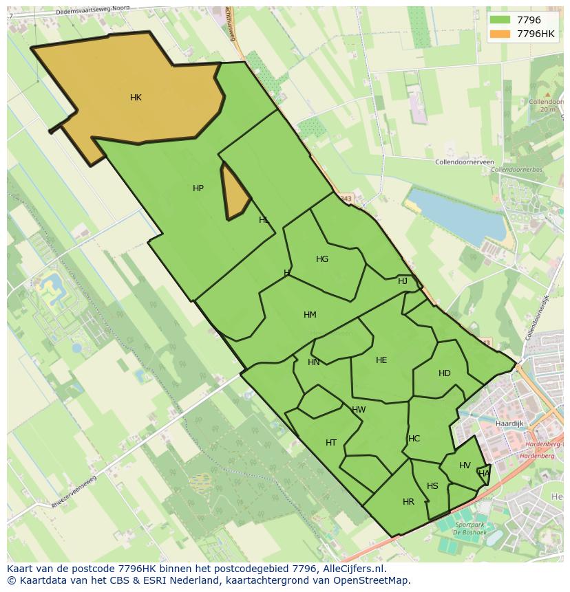 Afbeelding van het postcodegebied 7796 HK op de kaart.