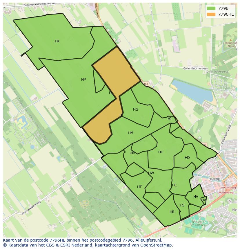 Afbeelding van het postcodegebied 7796 HL op de kaart.