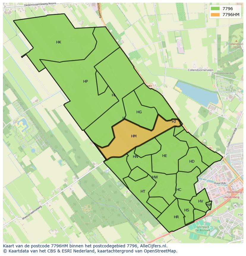 Afbeelding van het postcodegebied 7796 HM op de kaart.