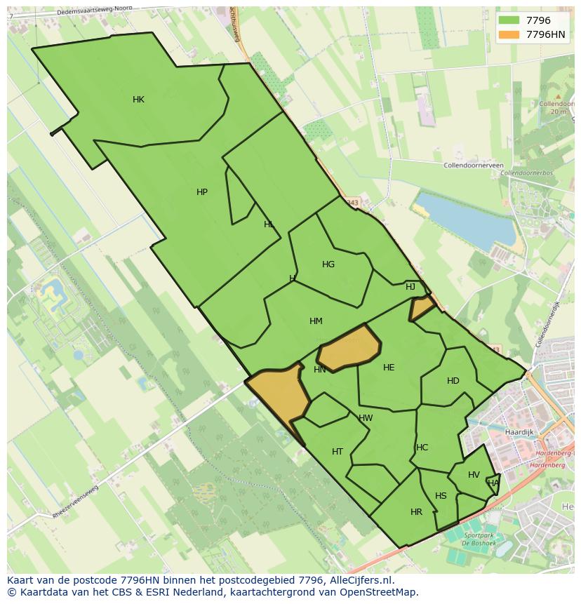 Afbeelding van het postcodegebied 7796 HN op de kaart.