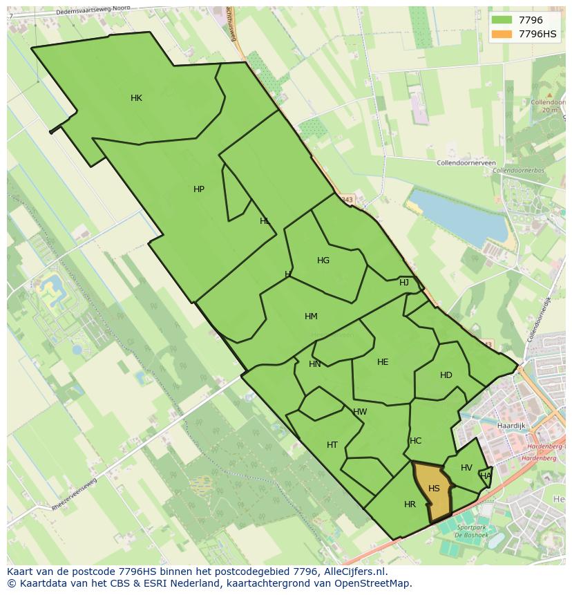 Afbeelding van het postcodegebied 7796 HS op de kaart.