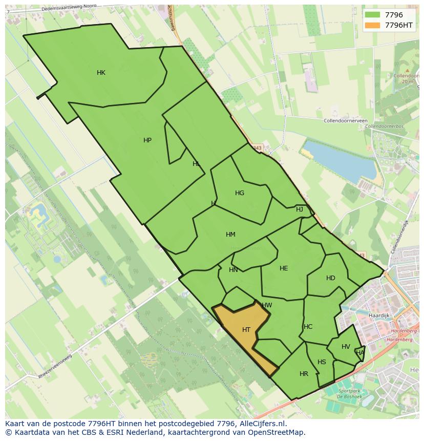 Afbeelding van het postcodegebied 7796 HT op de kaart.