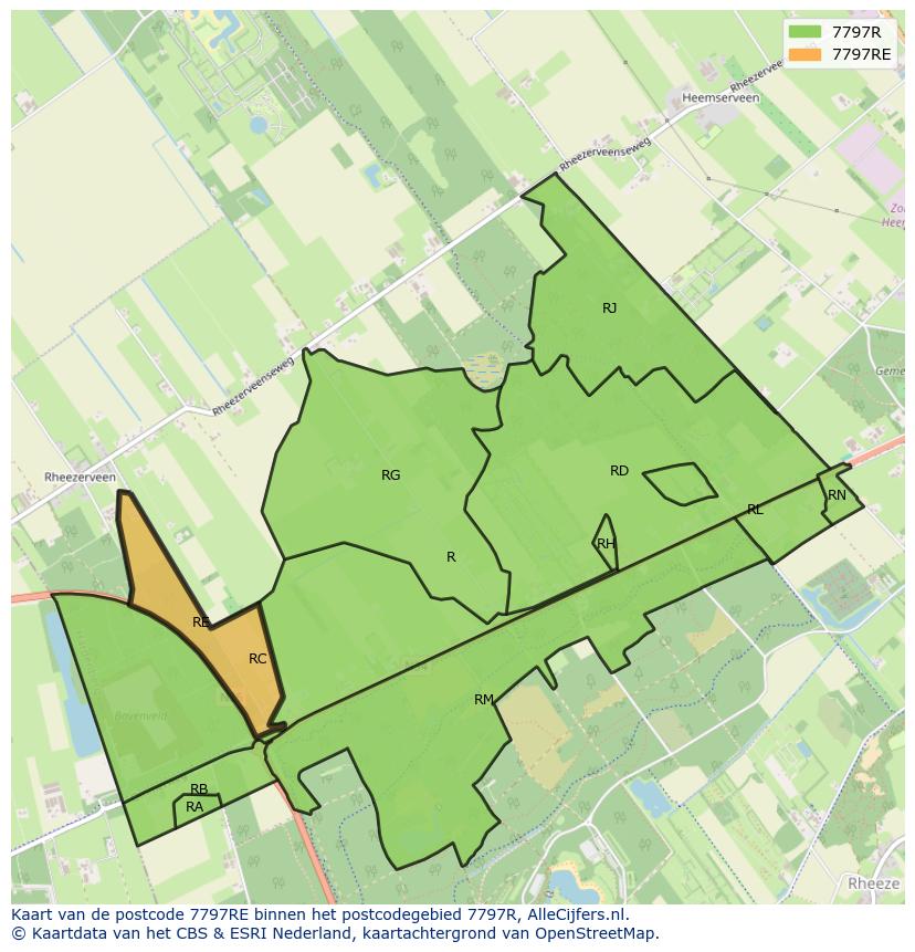 Afbeelding van het postcodegebied 7797 RE op de kaart.