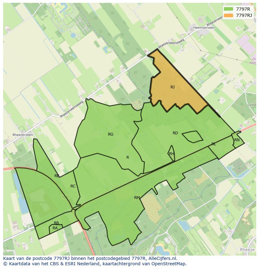 Afbeelding van het postcodegebied 7797 RJ op de kaart.