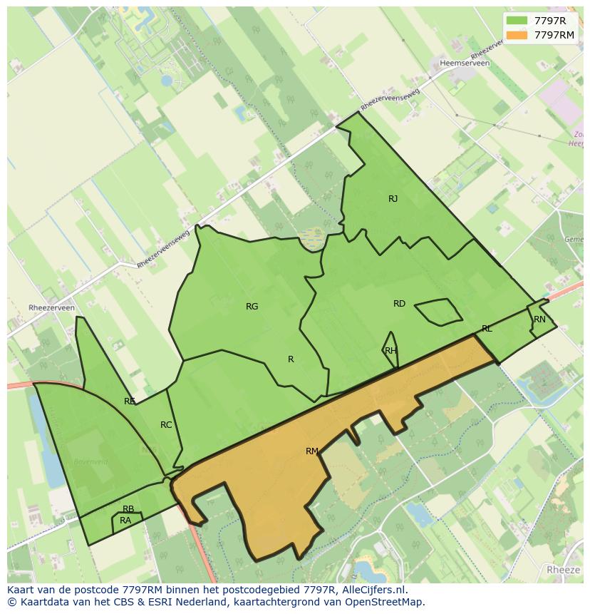 Afbeelding van het postcodegebied 7797 RM op de kaart.