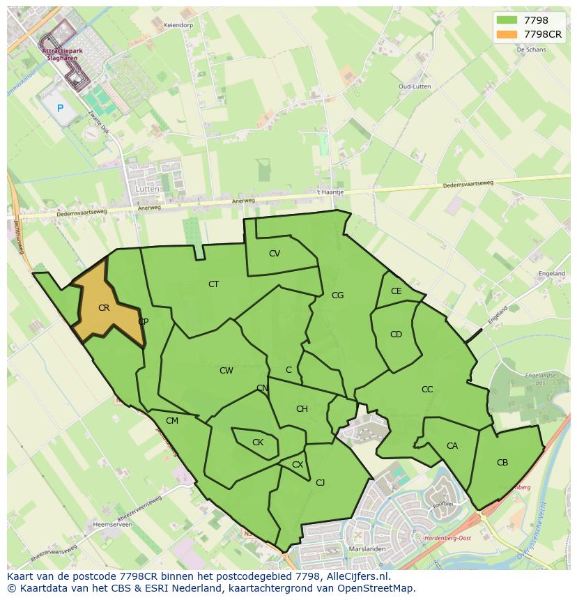 Afbeelding van het postcodegebied 7798 CR op de kaart.