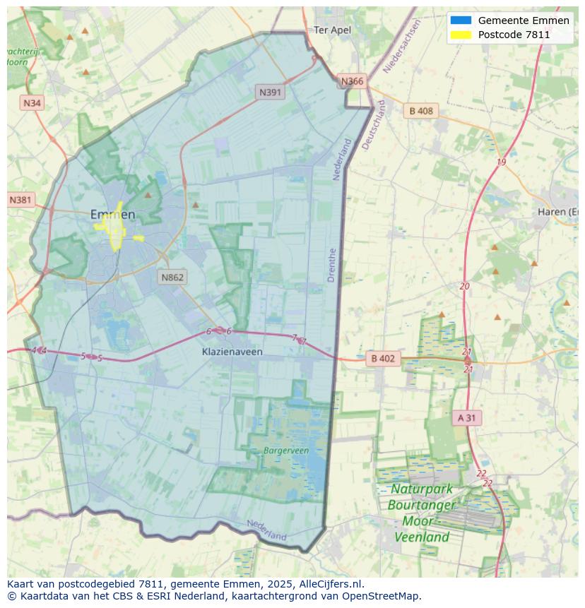 Afbeelding van het postcodegebied 7811 op de kaart.