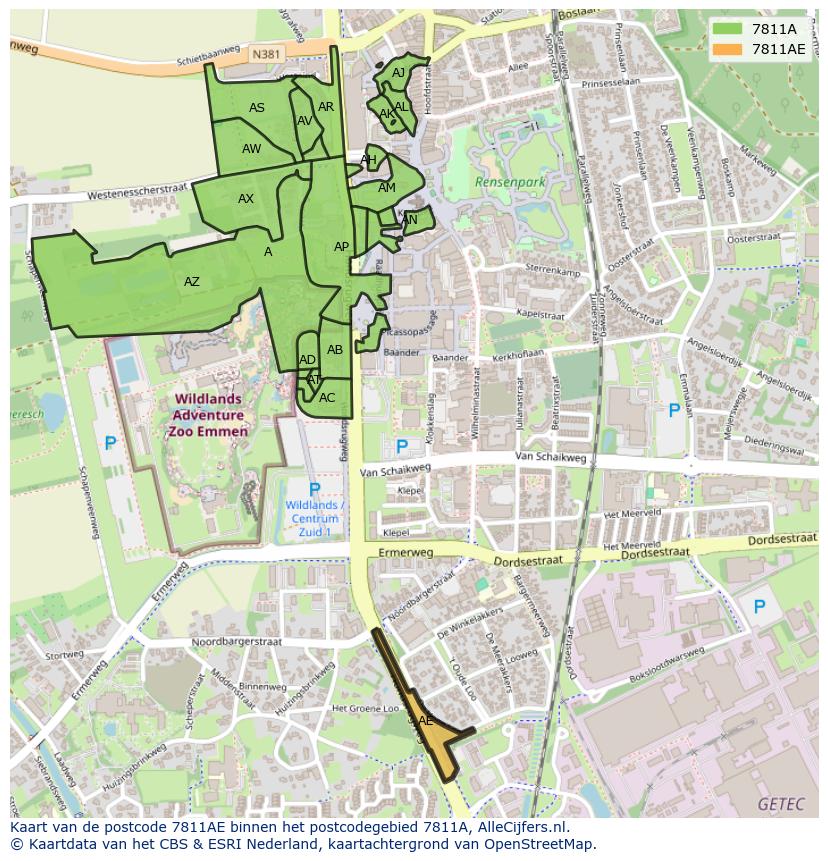 Afbeelding van het postcodegebied 7811 AE op de kaart.