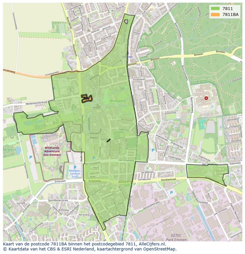 Afbeelding van het postcodegebied 7811 BA op de kaart.