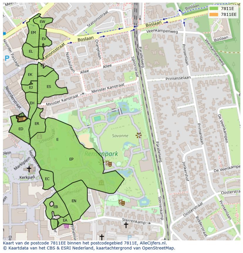 Afbeelding van het postcodegebied 7811 EE op de kaart.