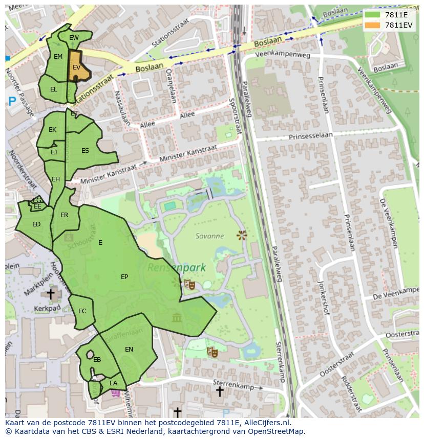 Afbeelding van het postcodegebied 7811 EV op de kaart.