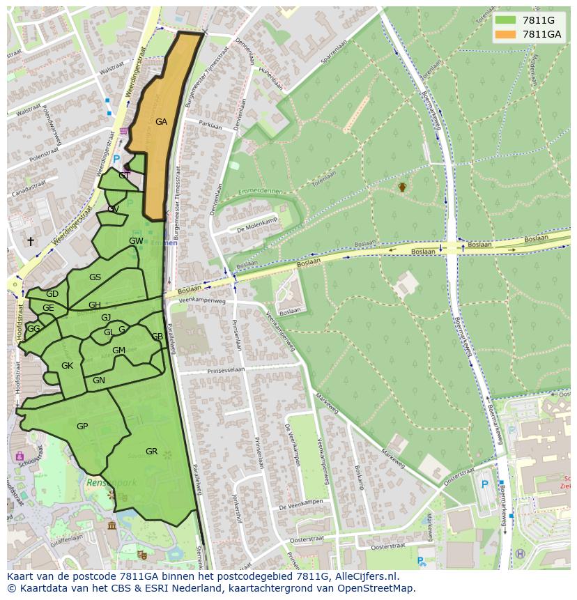 Afbeelding van het postcodegebied 7811 GA op de kaart.