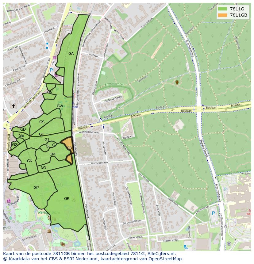 Afbeelding van het postcodegebied 7811 GB op de kaart.