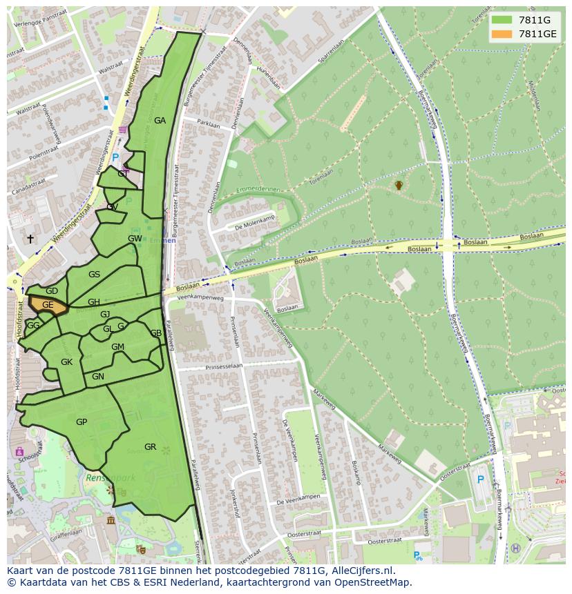 Afbeelding van het postcodegebied 7811 GE op de kaart.
