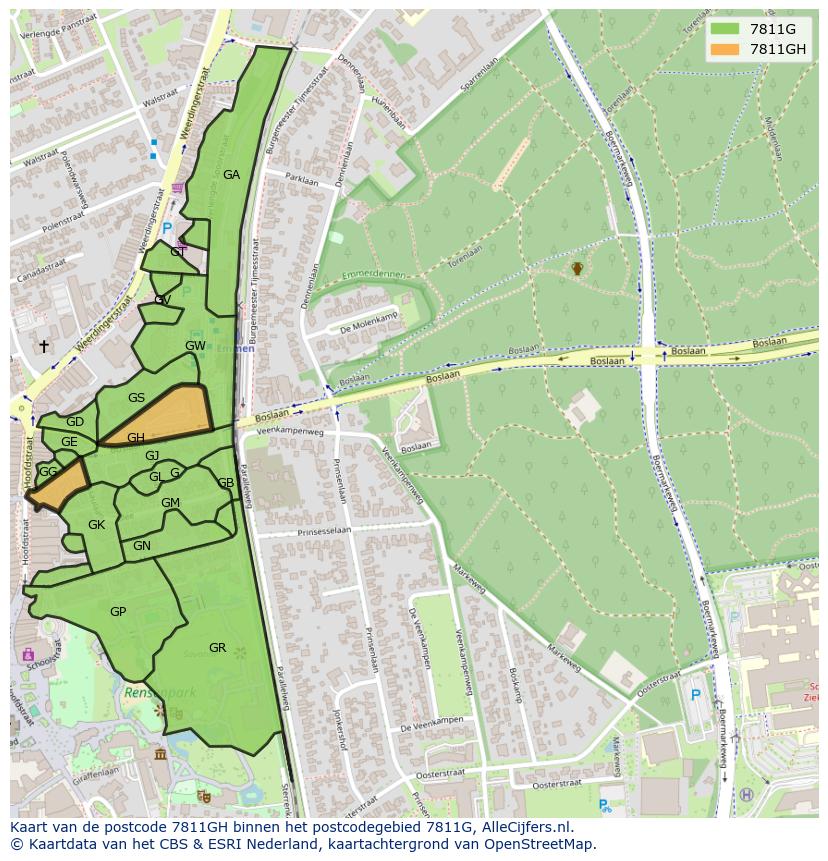 Afbeelding van het postcodegebied 7811 GH op de kaart.