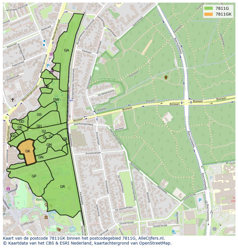 Afbeelding van het postcodegebied 7811 GK op de kaart.