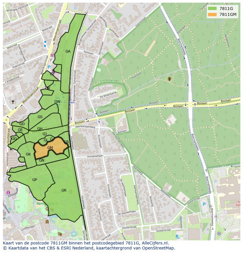 Afbeelding van het postcodegebied 7811 GM op de kaart.