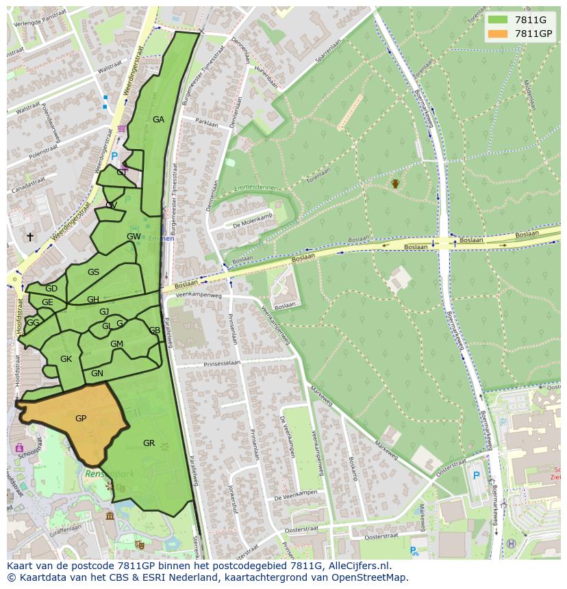 Afbeelding van het postcodegebied 7811 GP op de kaart.