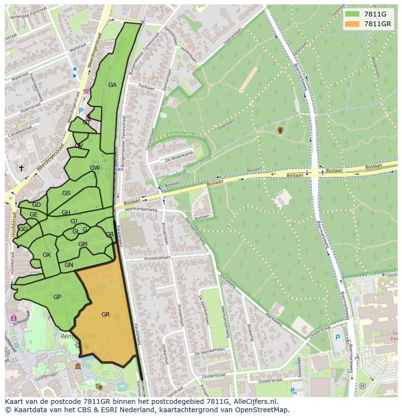 Afbeelding van het postcodegebied 7811 GR op de kaart.