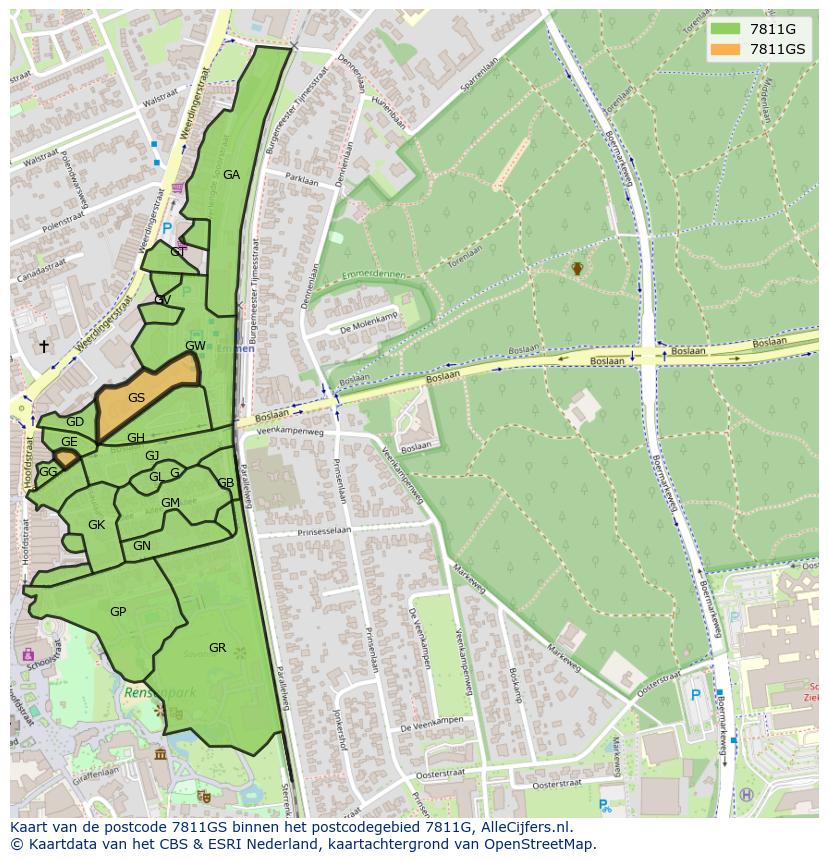 Afbeelding van het postcodegebied 7811 GS op de kaart.