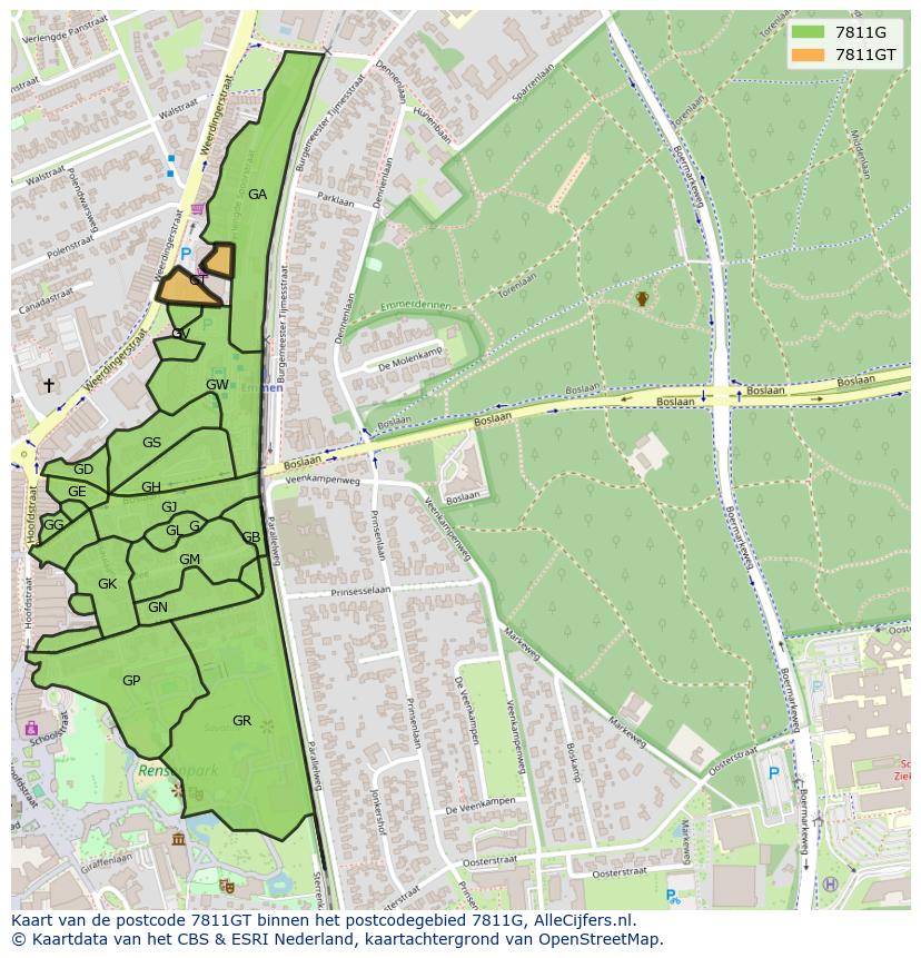 Afbeelding van het postcodegebied 7811 GT op de kaart.