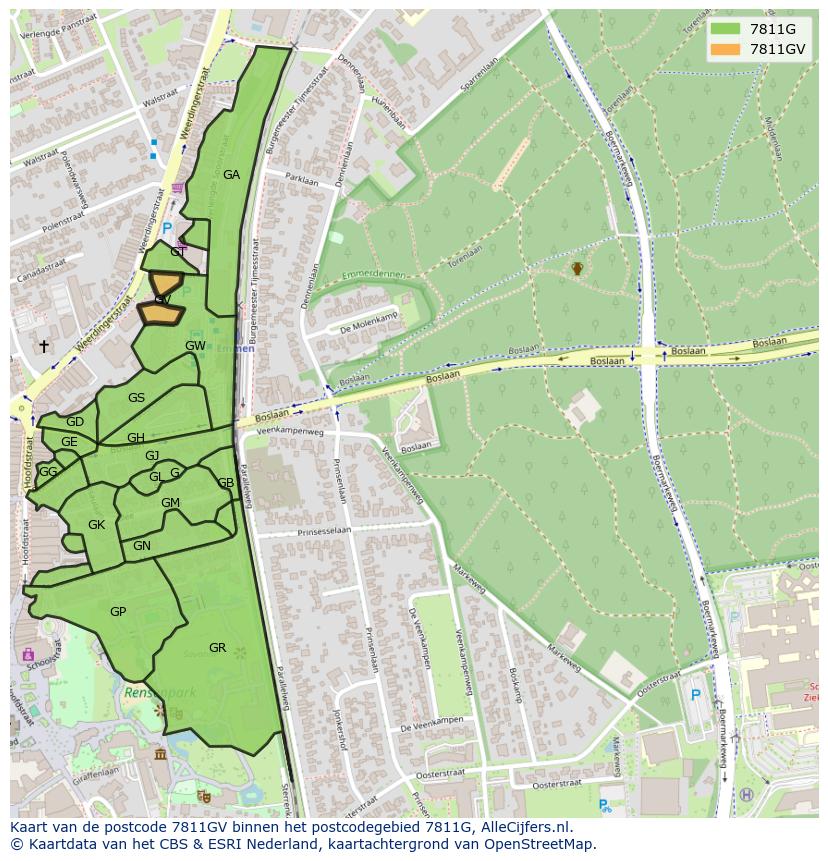 Afbeelding van het postcodegebied 7811 GV op de kaart.