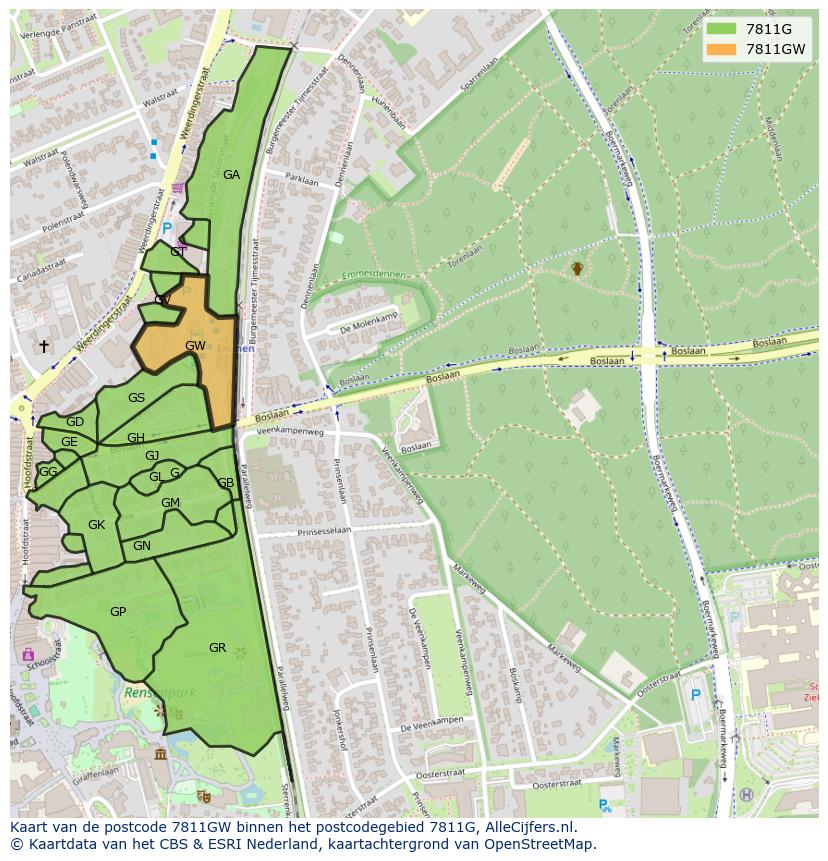 Afbeelding van het postcodegebied 7811 GW op de kaart.