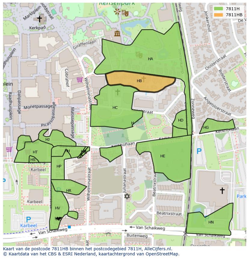 Afbeelding van het postcodegebied 7811 HB op de kaart.