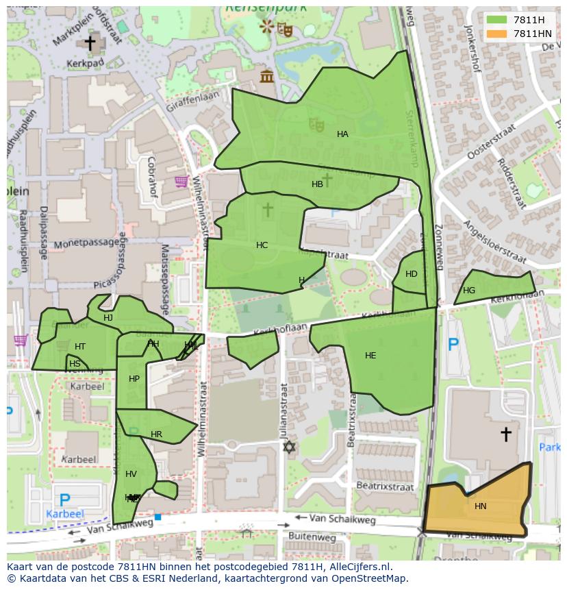 Afbeelding van het postcodegebied 7811 HN op de kaart.